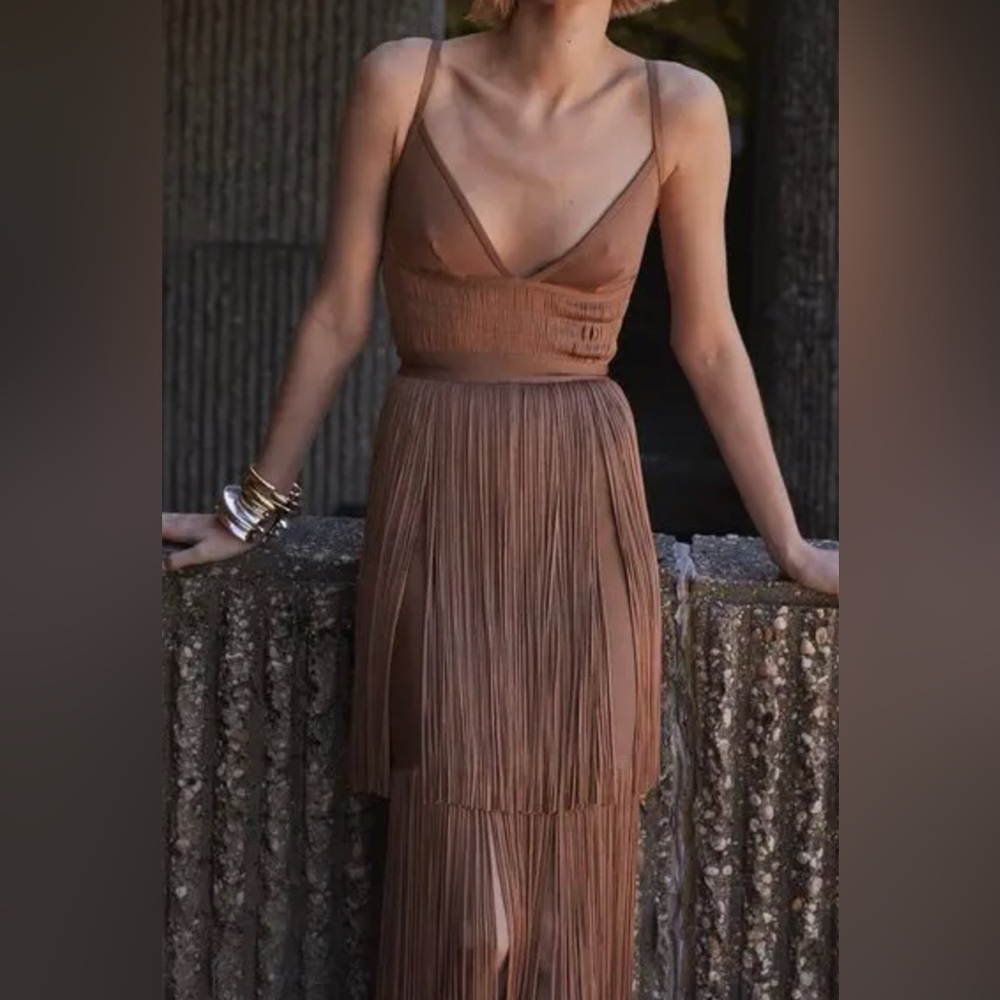 HERVE LEGER Fringe Gown - Toffee FRI8438676 NWT - Picture 4 of 7